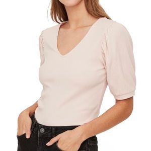 NEW VERO MODA Blush Pink Ballon Short Sleeve V-neck Organic Cotton Blouse Top L